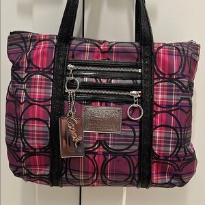 Coach Poppy Black and Pink Plaid Tote with Black Sequin Trimming & Handles